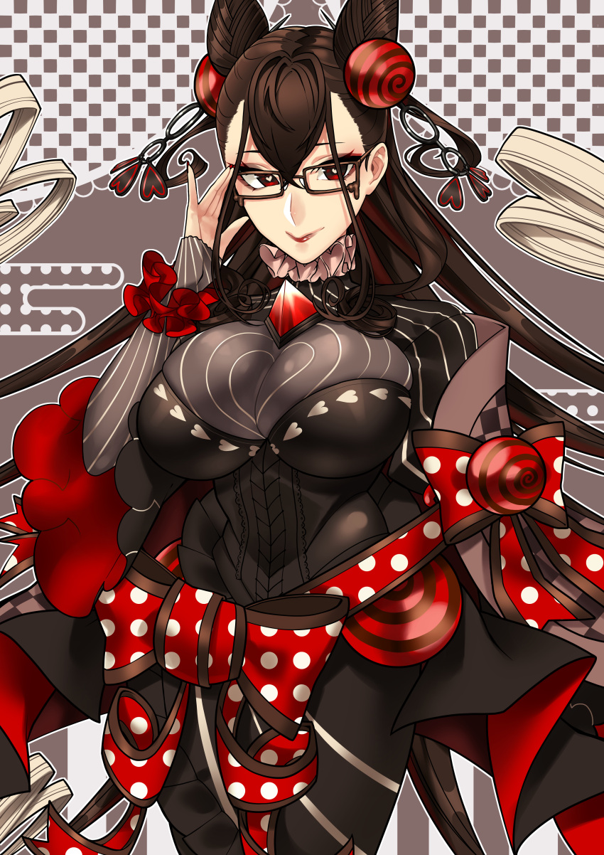 1girl absurdres black_dress bow breasts bright_pupils brown_hair capelet cleavage_cutout clothing_cutout corset dress fate/grand_order fate_(series) gem glasses highres juliet_sleeves large_breasts long_sleeves looking_at_viewer murasaki_shikibu_(fate) polka_dot polka_dot_bow puff_and_slash_sleeves puffy_sleeves red_eyes ruby_(gemstone) shiochan smile solo valentine
