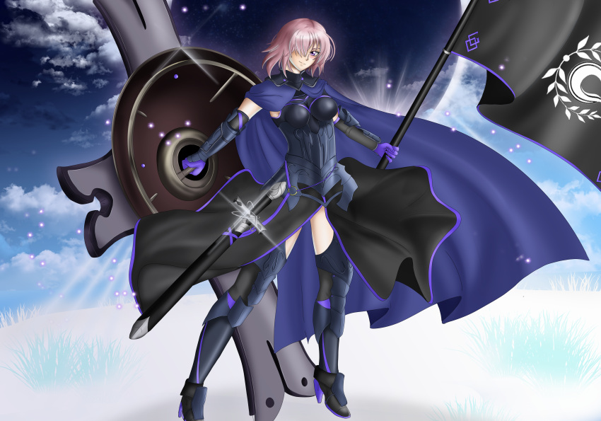 1girl absurdres armor armored_boots armored_dress boots breasts chaldea_logo cosplay fate/apocrypha fate/extra fate/extra_ccc fate/grand_order fate/stay_night fate/zero fate_(series) highres huge_filesize large_breasts mash_kyrielight mash_kyrielight_(cosplay) pink_hair shield short_hair smile solo