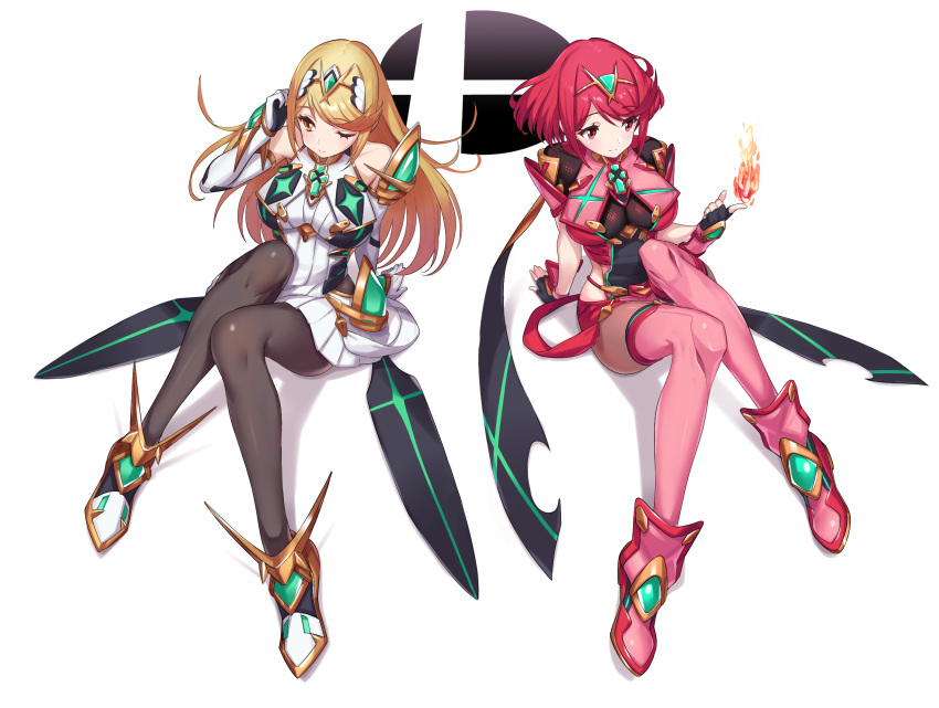 2girls bangs bare_shoulders blonde_hair blush breasts card chest_jewel denim dress earrings gem gloves green322 headpiece highres jewelry large_breasts long_hair looking_at_viewer multiple_girls mythra_(xenoblade) pantyhose pyra_(xenoblade) short_hair simple_background smile solo super_smash_bros. swept_bangs thigh_strap tiara very_long_hair white_dress xenoblade_chronicles_(series) xenoblade_chronicles_2 yellow_eyes