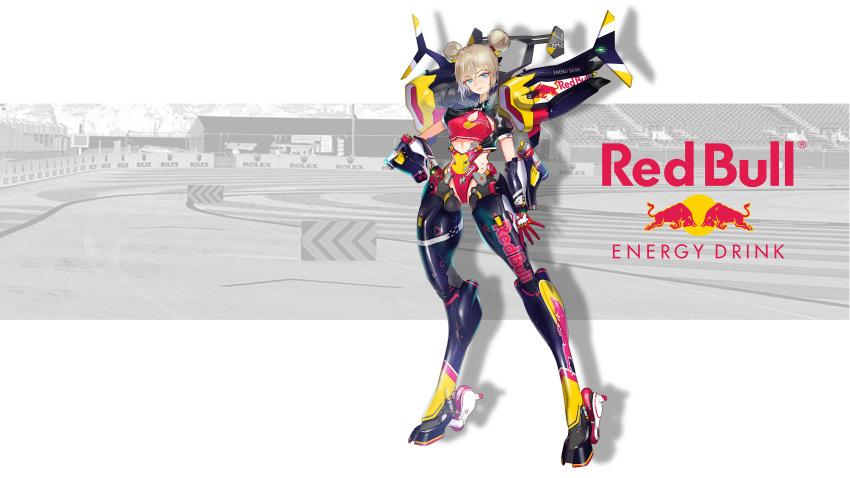 1girl absurdres bangs blonde_hair blue_eyes double_bun fang gloves hand_on_hip highres ke_yukikaze looking_at_viewer mecha_musume mechanical_legs mechanical_wings open_hand open_mouth original racetrack red_bull red_gloves science_fiction solo spoiler_(automobile) standing sunglasses wings