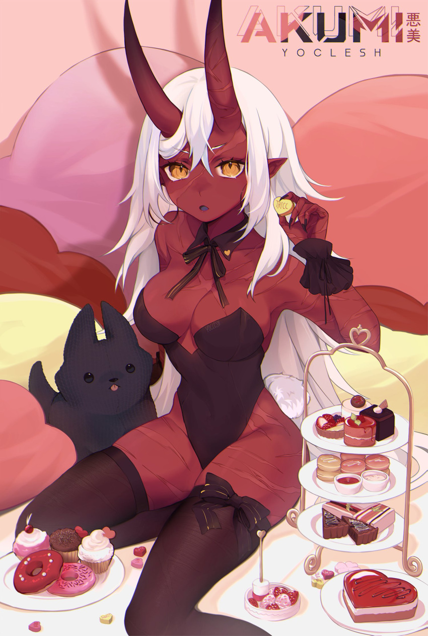 1girl animal bare_shoulders bed black_legwear breasts cake candy chocolate chocolate_heart demon_girl dog fingernails food fruit hair_between_eyes heart highres horns large_breasts long_hair looking_at_viewer macaron oni oni_horns original plate playboy_bunny pointy_ears scar scar_across_eye scar_on_face sitting solo strawberry thigh-highs valentine white_hair yellow_eyes yoclesh