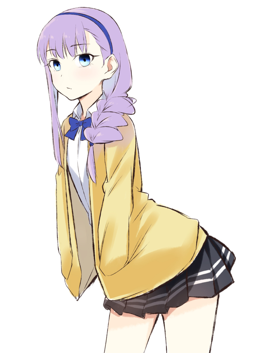 1girl absurdres bangs black_skirt blue_eyes braid breasts coffeekite collared_shirt contemporary dress_shirt fate/extra fate/extra_ccc fate_(series) hairband hands_in_pockets highres jacket long_hair long_sleeves looking_at_viewer meltryllis_(fate) purple_hair shirt side_braid skirt small_breasts thighs white_shirt yellow_jacket