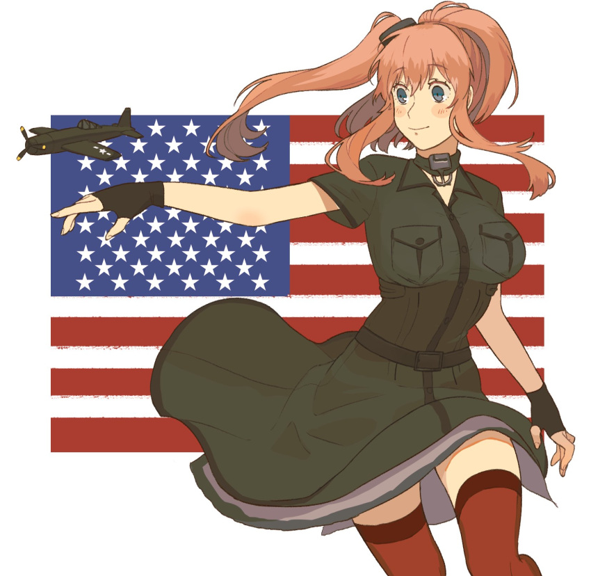 1girl aircraft aircraft_request airplane american_flag anchor black_dress black_gloves breast_pocket brown_hair choker commentary_request cowboy_shot dress fingerless_gloves flag_background gloves grey_eyes hair_between_eyes hair_ornament highres kantai_collection pocket ponytail red_legwear remodel_(kantai_collection) saratoga_(kancolle) side_ponytail sidelocks smokestack smokestack_hair_ornament solo sukekiyo_(skky_0) thigh-highs white_background