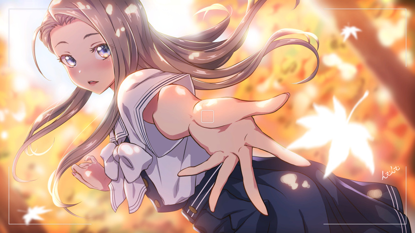 1girl autumn autumn_leaves blue_eyes blue_sailor_collar blush grey_hair hands highres ikuno_christa_kasumi leaf long_hair looking_at_viewer looking_back love_r maple_leaf nmu2 open_mouth outstretched_hand pleated_skirt ribbon sailor_collar school_uniform serafuku skirt solo sunlight tree