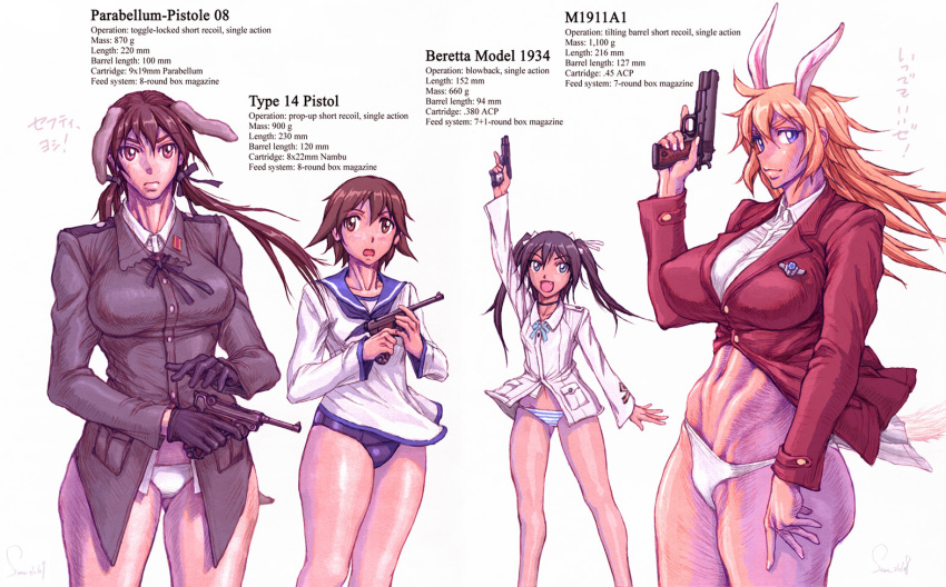 4girls animal_ears beretta_m1934 bottomless charlotte_e_yeager dog_ears dress francesca_lucchini gertrud_barkhorn gloves gun handgun luger_p08 m1911 military military_uniform miyafuji_yoshika multiple_girls muscular muscular_female nambu_type_14 pistol pointing pointing_up pointing_weapon rabbit_ears sailor sailor_dress same_(carcharodon) strike_witches swimsuit underwear uniform weapon world_witches_series