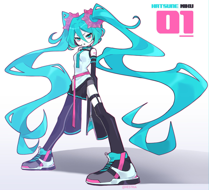 1girl adapted_costume aqua_eyes aqua_hair aqua_neckwear arm_tattoo asymmetrical_legwear bags_under_eyes belt black_legwear breasts detached_sleeves english_commentary full_body grey_panties hair_between_eyes hairband hatsune_miku headphones headset highres legs_apart long_hair long_sleeves looking_at_viewer loose_belt necktie pale_skin panties pantyshot partially_unzipped pink_belt shoes side_slit single_garter single_garter_strap sleeves_past_wrists small_breasts sneakers solo spiked_hairband spikes standing tattoo twintails underwear very_long_hair vocaloid xestria zipper