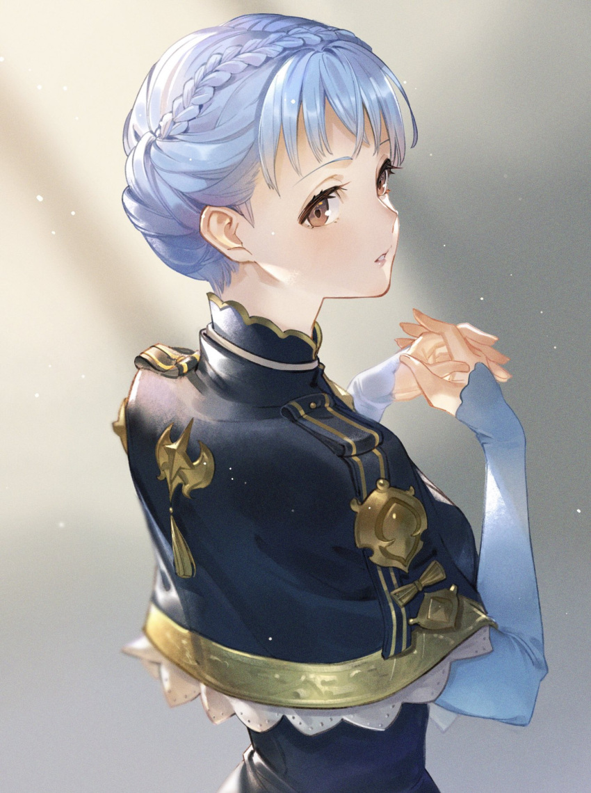 1girl back blue_capelet blue_dress blue_hair bomssp braid brown_eyes capelet commentary_request crown_braid dress epaulettes fire_emblem fire_emblem:_three_houses hands_together highres light_particles long_sleeves looking_away marianne_von_edmund parted_lips shadow short_hair solo teeth