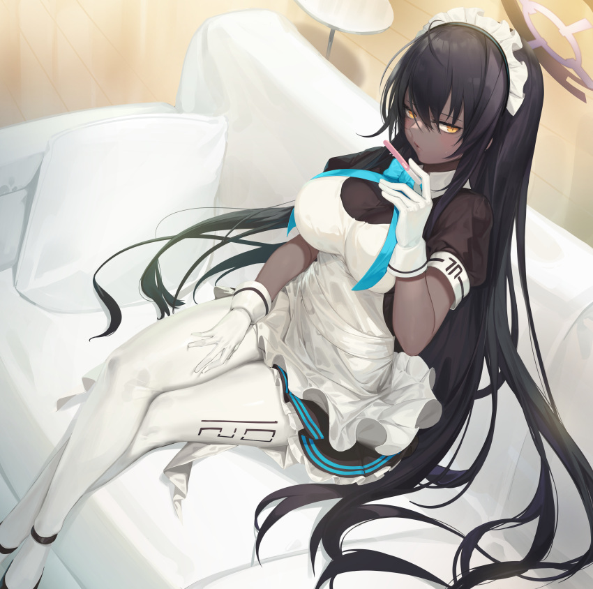 1girl absurdres ahoge apron bangs black_footwear black_hair blue_archive blue_ribbon breasts commentary couch crossed_legs dark_skin dark-skinned_female gloves hair_between_eyes hair_twirling half-closed_eyes halo hand_on_own_thigh hand_up highres holding jam_(nandade) karin_(blue_archive) large_breasts long_hair looking_at_viewer maid_headdress on_couch pantyhose parted_lips pillow pregnancy_test puffy_short_sleeves puffy_sleeves ribbon short_sleeves sitting solo very_long_hair white_apron white_gloves white_legwear yellow_eyes