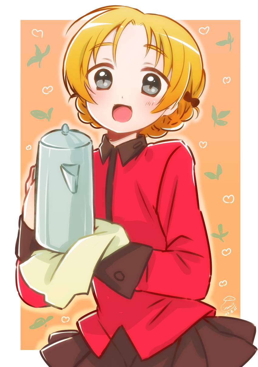 1girl :d absurdres bangs black_bow black_skirt blue_eyes border bow braid commentary girls_und_panzer hair_bow highres holding holding_teapot itsumip jacket long_sleeves looking_at_viewer military military_uniform miniskirt napkin open_mouth orange_background orange_hair orange_pekoe_(girls_und_panzer) outside_border parted_bangs pleated_skirt red_jacket short_hair skirt smile solo st._gloriana's_military_uniform standing tea_leaves teapot tied_hair twin_braids uniform white_border