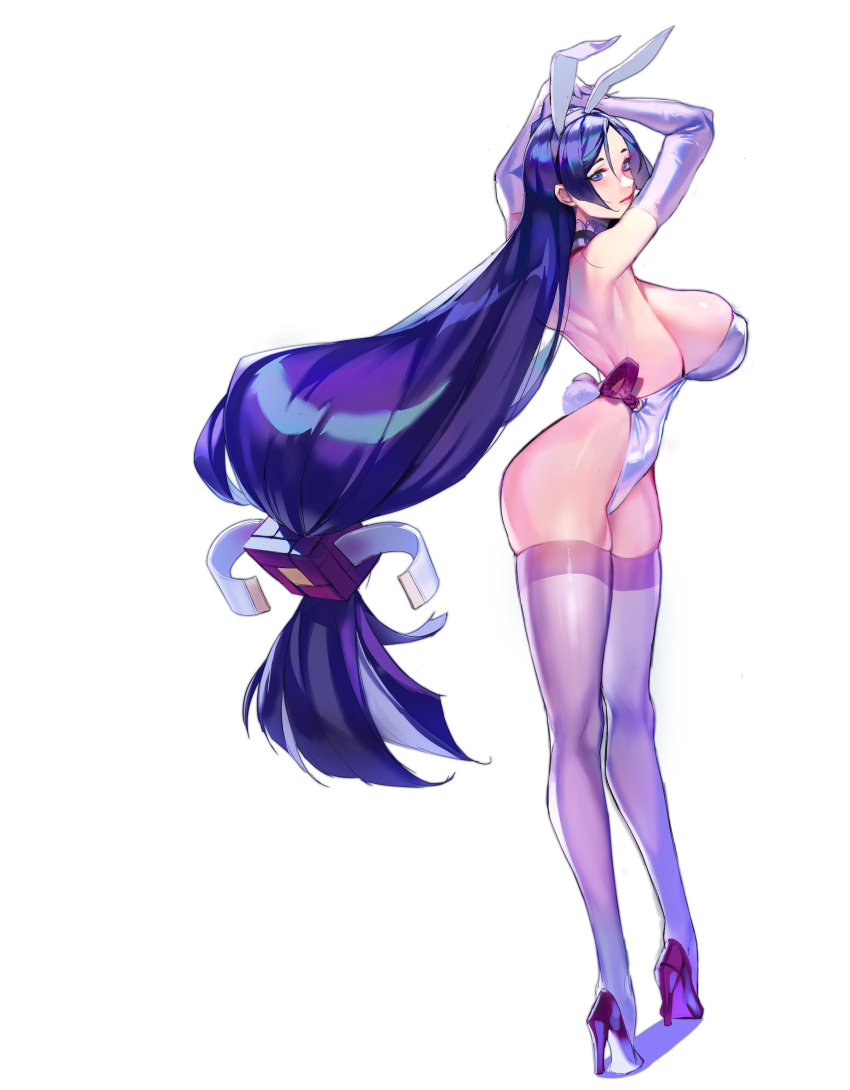 1girl absurdres animal_ears bad_anatomy breasts choker elbow_gloves fake_animal_ears fate_(series) full_body gloves graphite_(medium) high_heels highres huge_breasts imp_(sksalfl132) lips long_hair low-tied_long_hair minamoto_no_raikou_(fate) multiple_sources purple_hair rabbit_ears skindentation standing thigh-highs traditional_media twisted_torso very_long_hair violet_eyes white_background