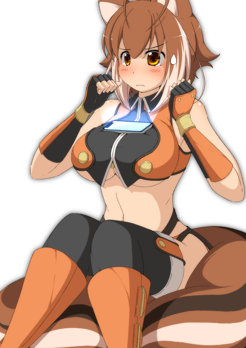 1girl absurdres animal_ears bare_shoulders blazblue blush boots breasts brown_eyes cellphone closed_mouth commentary_request fingerless_gloves gloves hair_between_eyes highres large_breasts makoto_nanaya mirano object_on_breast phone sitting sitting_on_tail smartphone solo squirrel_ears squirrel_girl squirrel_tail sweatdrop tail thigh-highs thighhighs_under_boots under_boob wavy_mouth