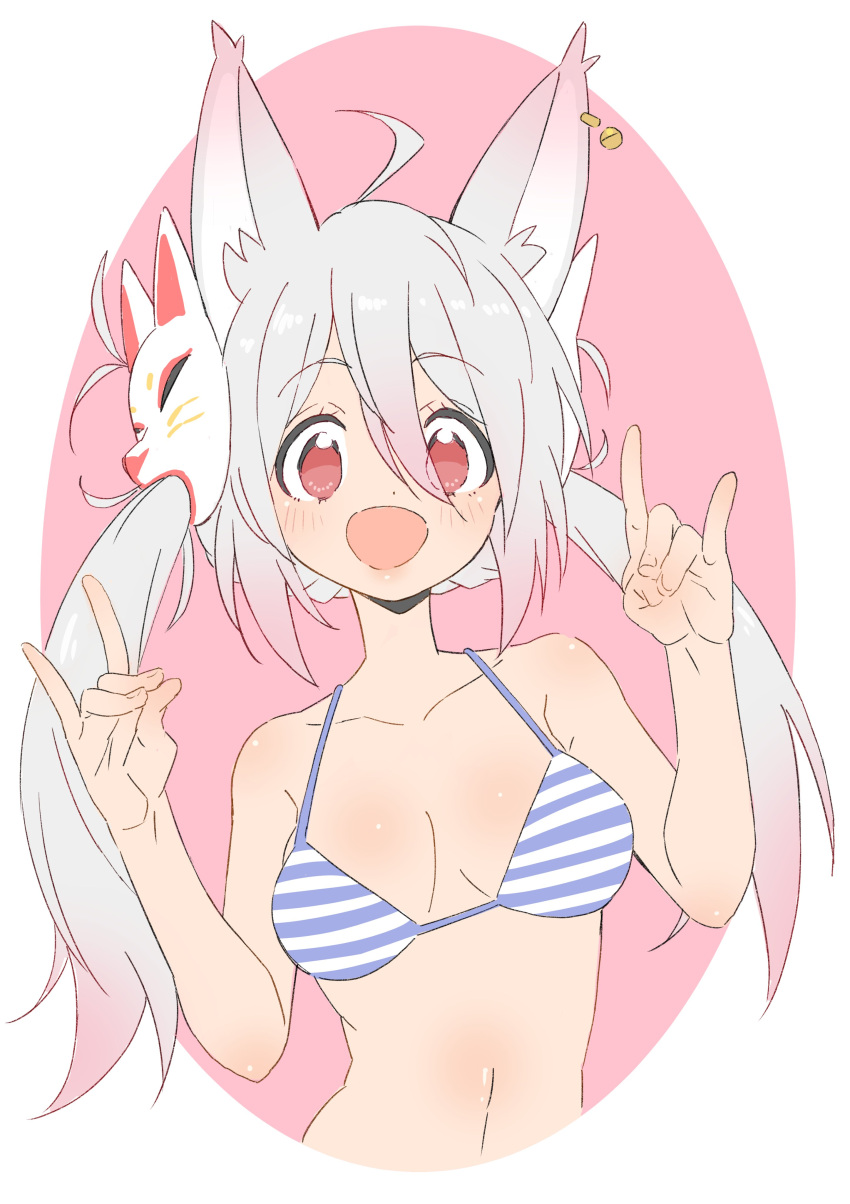 1girl :d absurdres bad_id bad_twitter_id bell bell_earrings bikini blue_bikini breasts copyright_request donguri_suzume double_fox_shadow_puppet earrings fox_mask fox_shadow_puppet gradient_hair grey_hair hair_between_eyes highres jewelry looking_at_viewer mask mask_on_head medium_breasts multicolored_hair open_mouth pink_hair red_eyes smile solo striped striped_bikini swimsuit twintails upper_body