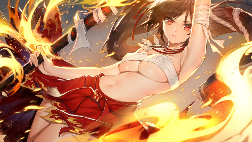 1girl absurdres arm_up armpits bandaged_arm bandages bangs bare_arms bare_shoulders black_hair breasts character_request commentary_request copyright_request cowboy_shot eyebrows_visible_through_hair feathers fire highres horz jewelry long_hair looking_at_viewer medium_breasts midriff navel necklace red_eyes red_skirt sarashi skirt solo stomach under_boob v-shaped_eyebrows