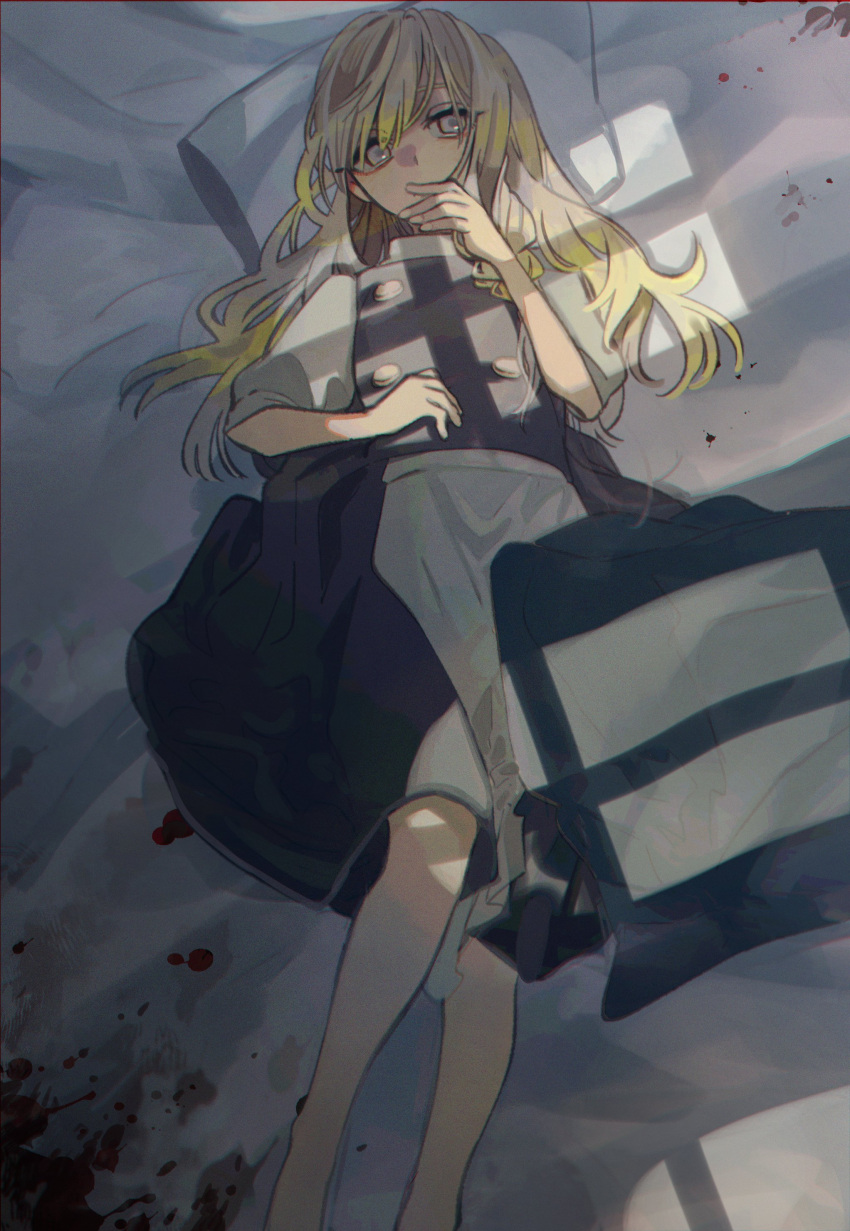 absurdres apron bed black_skirt black_vest blonde_hair blood blood_stain braid feet_out_of_frame hand_up highres kirisame_marisa long_hair looking_at_viewer lying no_hat no_headwear on_back pillow shi_chimi shirt short_sleeves single_braid skirt touhou vest waist_apron white_shirt window_shade