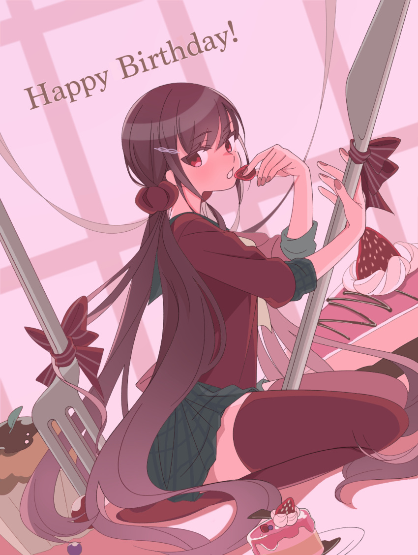 1girl bangs bow brown_hair cake cake_slice candy chocolate commentary_request dangan_ronpa_(series) dangan_ronpa_v3:_killing_harmony dutch_angle eyebrows_visible_through_hair food fork fruit hair_ornament hairclip hands_up happy_birthday harukawa_maki highres holding holding_food knife long_hair long_sleeves looking_at_viewer low_twintails mole mole_under_eye open_mouth oversized_food oversized_object plaid plaid_skirt plate pleated_skirt red_bow red_eyes red_legwear red_nails red_scrunchie red_shirt school_uniform scrunchie seiza shirt sitting skirt solo strawberry striped striped_bow thigh-highs twintails very_long_hair yoshi_taka_(y_04taka) zettai_ryouiki