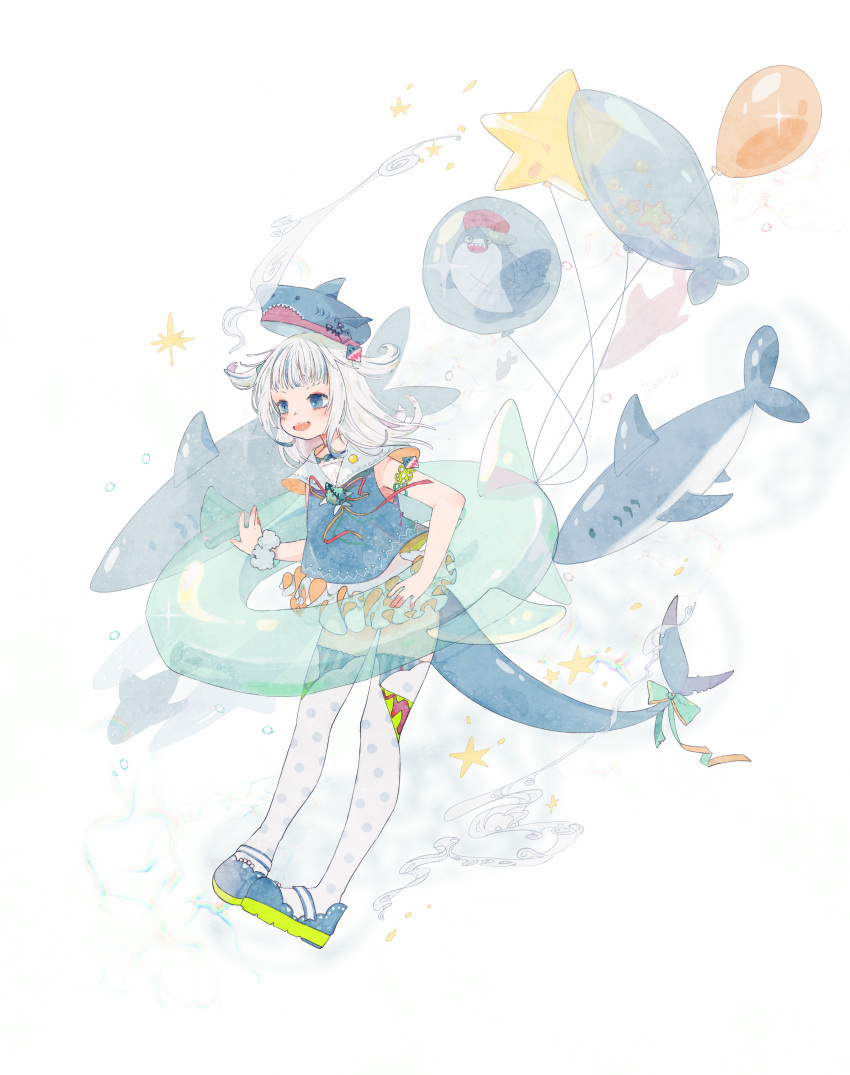 1girl absurdres alternate_costume arm_strap balloon bangs blue_eyes blue_hair blunt_bangs bow fish_tail fuzi_(fuzi3205) gawr_gura green_bow highres hololive hololive_english multicolored_hair open_mouth scrunchie shark shark_tail sharp_teeth silver_hair skirt solo star_balloon streaked_hair tail teeth thigh-highs two_side_up virtual_youtuber