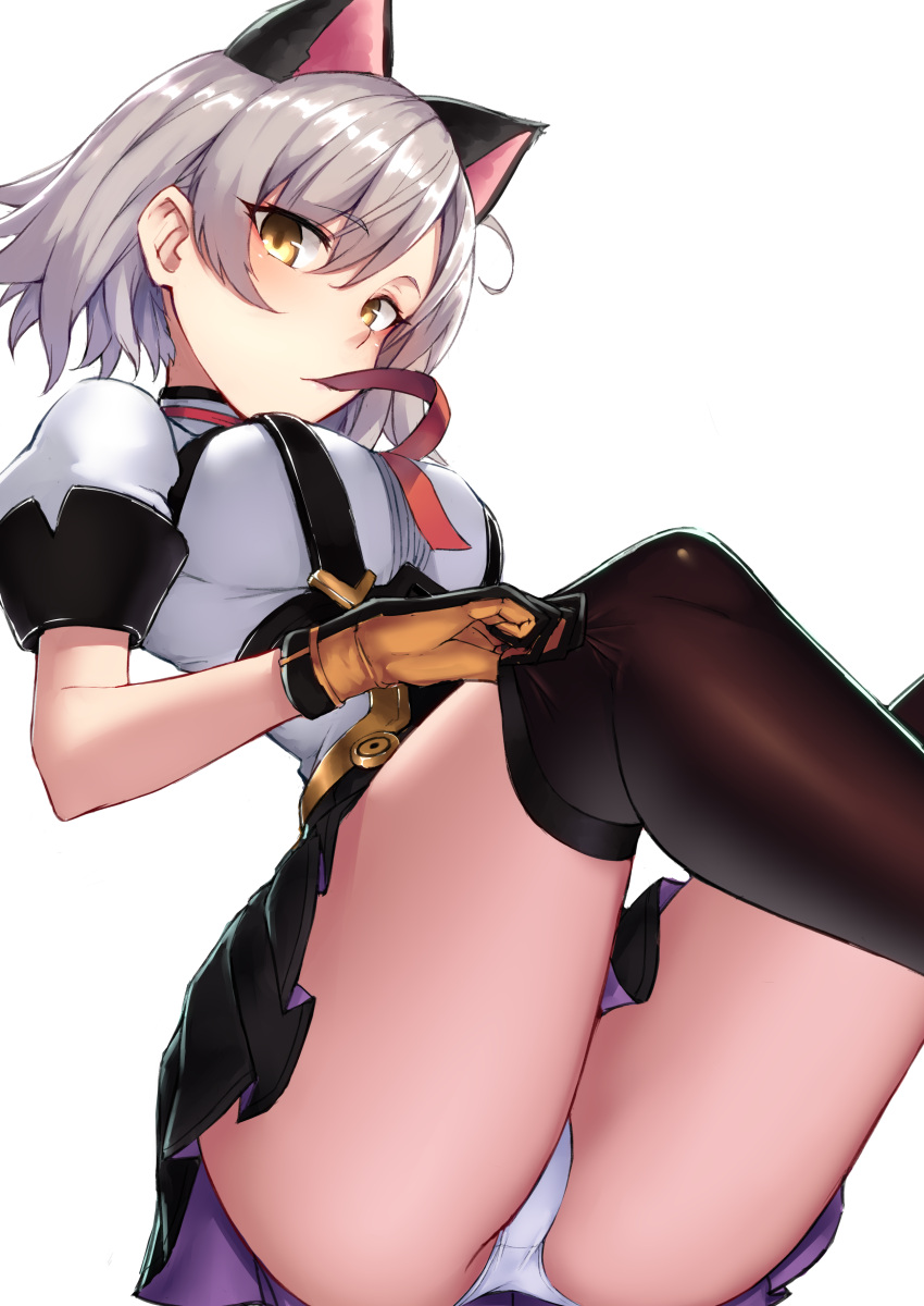 1girl absurdres animal_ears ass black_skirt breasts brown_legwear cat_ears extra_ears girls_frontline gloves grey_hair highres large_breasts legs_up looking_at_viewer miniskirt mouth_hold panties pleated_skirt ryuinu shirt short_hair short_sleeves simple_background skirt solo thigh-highs thighs underbust underwear vector_(girls_frontline) white_background white_panties white_shirt yellow_eyes