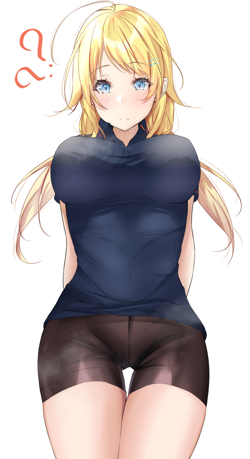 1girl absurdres ahoge bike_shorts blonde_hair blue_eyes blush breasts confused hachimiya_meguru highres idolmaster idolmaster_shiny_colors looking_down thigh_gap under_boob yzk_knmn