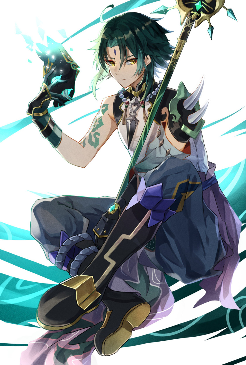 1boy absurdres ahoge arm_tattoo armor asymmetrical_clothes bead_necklace beads blue_pants boots closed_mouth commentary_request detached_sleeves facial_mark forehead_mark full_body genshin_impact gloves green_hair highres holding holding_mask jewelry knee_up looking_to_the_side male_focus mask mask_removed necklace nyokisan pants pelvic_curtain polearm short_hair shoulder_armor single_detached_sleeve sitting slit_pupils solo tattoo vision_(genshin_impact) weapon xiao_(genshin_impact) yellow_eyes