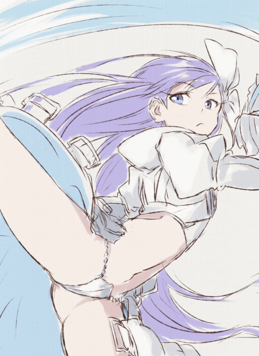 1girl absurdres bangs blue_eyes blush breasts coffeekite cropped_jacket crotch_plate fate/extra fate/extra_ccc fate_(series) hair_ribbon highres kicking long_hair long_sleeves looking_at_viewer meltryllis_(fate) navel purple_hair ribbon sleeves_past_fingers sleeves_past_wrists small_breasts thighs very_long_hair white_ribbon