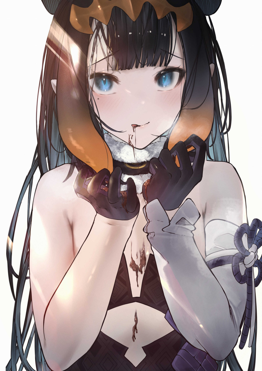 1girl absurdres animal_ears bare_shoulders betabeet black_gloves black_hair black_leotard blue_eyes blush breath chocolate chocolate_on_body chocolate_on_face closed_mouth commentary cutout_above_navel detached_collar english_commentary extra_ears eyebrows_visible_through_hair eyelashes flat_chest food food_on_face fur-trimmed_collar gloves gradient_hair heavy_breathing highres hololive hololive_english leotard licking_lips long_hair looking_at_viewer mole mole_under_eye multicolored_hair ninomae_ina'nis orange_hair pointy_ears simple_background single_sleeve smile solo straight_hair tentacle_hair tiara tongue tongue_out two-tone_hair upper_body virtual_youtuber white_background