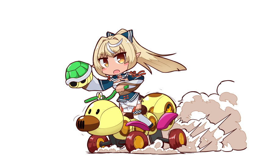 1girl bangs blonde_hair blush_stickers bow brown_eyes chibi commentary_request dark_elf dark_skin dark-skinned_female elf eyebrows_visible_through_hair green_shell ground_vehicle hair_bow hair_ornament high_ponytail highres hololive kuroshiro1011 long_hair looking_at_viewer super_mario_bros. mario_kart mario_kart_8 motor_vehicle motorcycle multicolored_hair pointy_ears ponytail riding shiranui_flare sidelocks single_thighhigh solo streaked_hair thigh-highs turtle_shell v-shaped_eyebrows virtual_youtuber wild_wiggler yellow_eyes