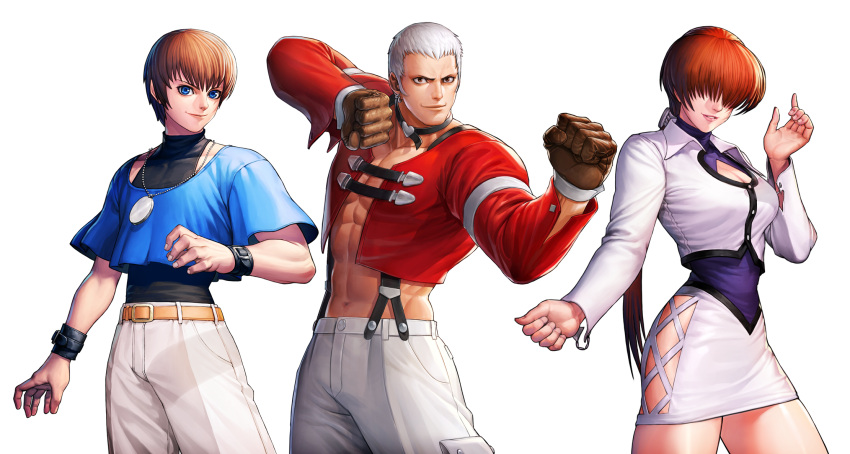 1girl 2boys abs bangs belt blue_eyes bracelet bracer breasts brown_hair chris_(kof) cleavage_cutout clothing_cutout cropped_jacket gloves hair_over_eyes highres jewelry long_hair long_sleeves looking_at_viewer midriff miniskirt multiple_boys muscular nanakase_yashiro navel official_art red_eyes shermie_(kof) skirt smile standing stomach suspenders the_king_of_fighters the_king_of_fighters_all-stars thighs toned toned_male transparent_background white_hair