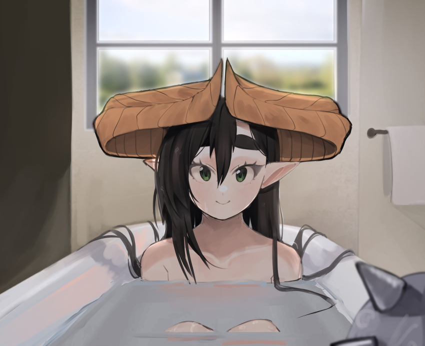 1girl absurdres bathing bathroom bathtub black_hair completely_nude day dragon_girl dragon_horns english_commentary green_eyes highres horns kumaartsu long_hair looking_at_viewer mythic_live nako_(kumaartsu) nude original partially_submerged pointy_ears smile solo spiked_tail tail thick_eyebrows virtual_youtuber wet wet_hair window