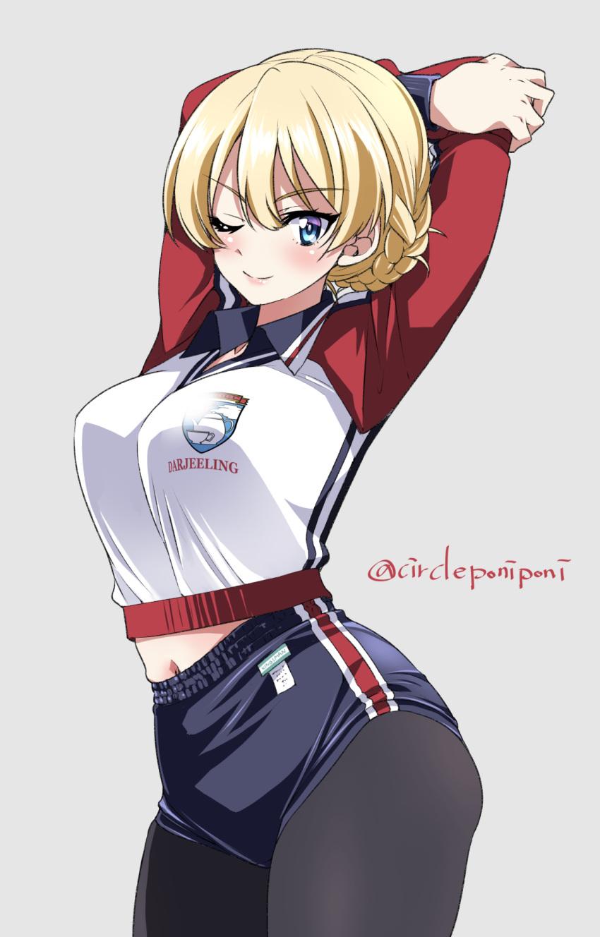 1girl arms_up black_legwear blonde_hair blue_buruma blue_eyes blush braid breasts buruma character_name closed_mouth darjeeling_(girls_und_panzer) eyebrows_visible_through_hair girls_und_panzer gym_uniform highres inoue_yoshihisa large_breasts lips looking_at_viewer navel one_eye_closed pantyhose shiny shiny_hair shiny_skin simple_background smile solo standing stretch white_background