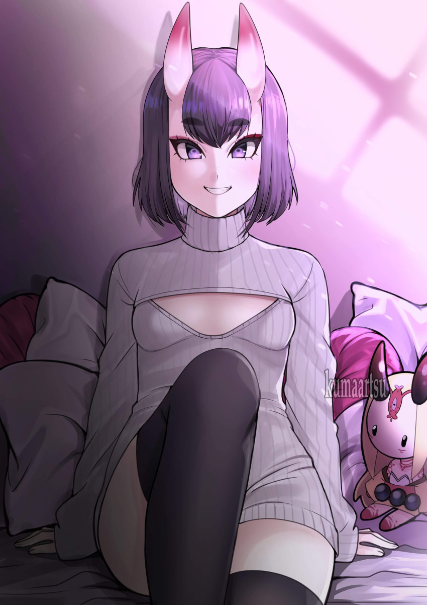 1girl absurdres black_legwear bob_cut breasts character_doll dress english_commentary eyebrows_visible_through_hair facing_viewer fate/grand_order fate_(series) grey_sweater grin highres horns ibaraki_douji_(fate) kumaartsu leg_up looking_at_viewer meme_attire no_bra on_bed oni oni_horns open-chest_sweater pale_skin pillow purple_hair ribbed_sweater short_eyebrows short_hair shuten_douji_(fate) sitting skin-covered_horns small_breasts smile solo sweater sweater_dress thigh-highs turtleneck turtleneck_sweater violet_eyes watermark zettai_ryouiki