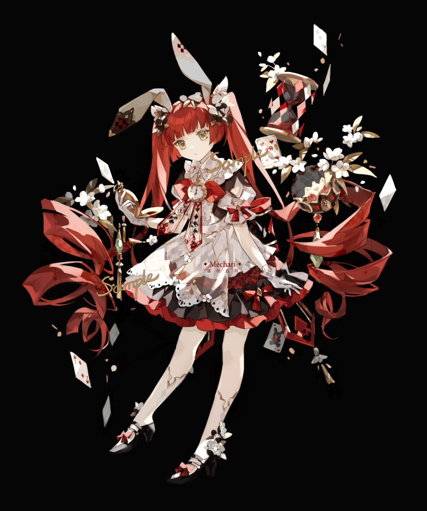 1girl absurdres animal_ears bangs card dress drill_hair flower full_body gloves hair_flower hair_ornament hat highres holding holding_card kneehighs long_hair looking_at_viewer mechari original petals rabbit_ears redhead simple_background solo twintails watch yellow_eyes