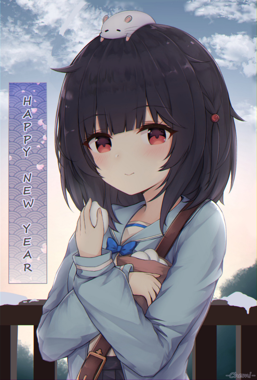 1girl 2021 animal_on_head bangs black_hair black_skirt blue_jacket blue_neckwear blue_sailor_collar blue_sky bow bowtie closed_mouth clouds commentary day english_commentary eyebrows_visible_through_hair fence food granblue_fantasy happy_new_year highres holding holding_food jacket linez looking_at_viewer mochi mouse new_year on_head open_clothes open_jacket outdoors pleated_skirt red_eyes revision sailor_collar shirt skirt sky smile snow solo vikala_(granblue_fantasy) white_shirt