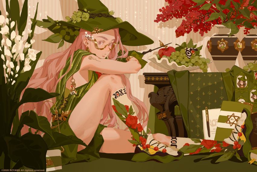 absurdres apple dress flower food fruit glasses grapes hat highres kneehighs long_hair looking_at_viewer original pink_hair plant rcyang0525 shoes shorts sitting sneakers socks tattoo vase very_long_hair wand witch witch_hat