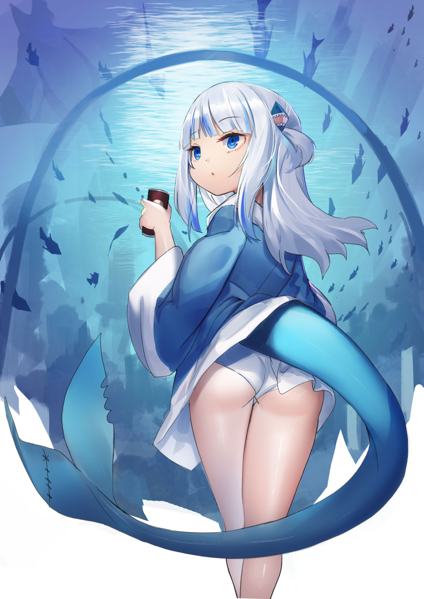 1girl aquarium aquarium_tunnel ass bangs bare_legs blue_eyes blue_hair blue_hoodie blunt_bangs can eyelashes fish_tail from_behind fuyouchu gawr_gura hair_ornament highres holding holding_can hololive hololive_english hood hoodie long_hair long_sleeves multicolored_hair no_pants panties parted_lips shark_girl shark_hair_ornament shark_tail silver_hair solo streaked_hair tail two_side_up underwear virtual_youtuber white_panties wide_sleeves