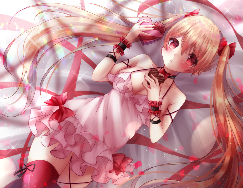 1girl absurdres bangs blonde_hair blush bow_choker box bracer breasts candy chocolate chocolate_heart choker closed_mouth dress dress_shirt eyebrows_visible_through_hair food gift gift_box hair_ornament heart highres hose huge_filesize kannoyoko long_hair looking_at_viewer lying lying_on_person medium_breasts moe2021 on_person original pink_dress red_eyes red_hood shirt simple_background smile solo valentine