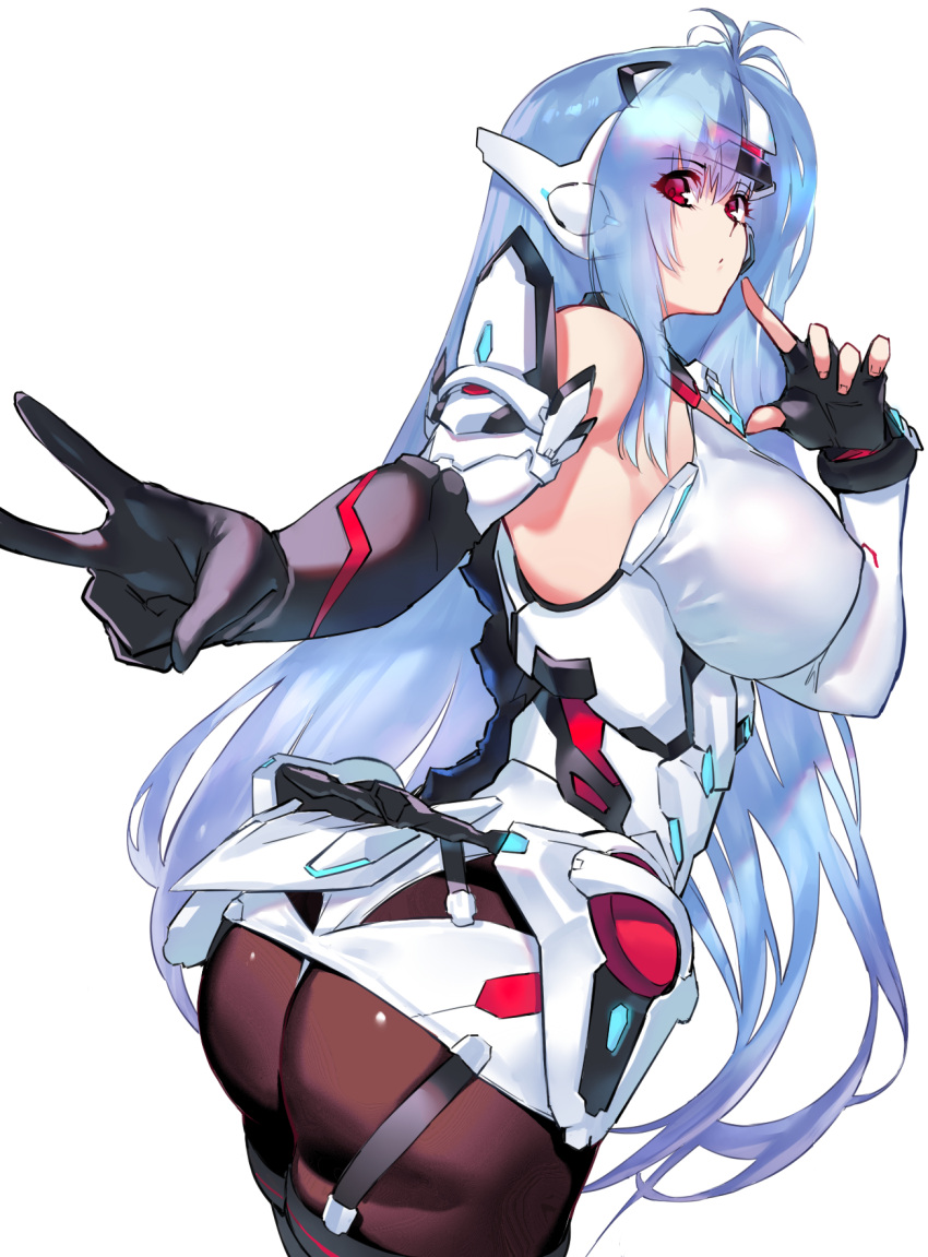 1girl android ass bare_shoulders blue_hair breasts cyborg elbow_gloves expressionless forehead_protector gloves highres kos-mos kos-mos_re: large_breasts long_hair looking_at_viewer negresco pantyhose red_eyes simple_background standing super_smash_bros. v very_long_hair xenoblade_chronicles_(series) xenoblade_chronicles_2 xenosaga