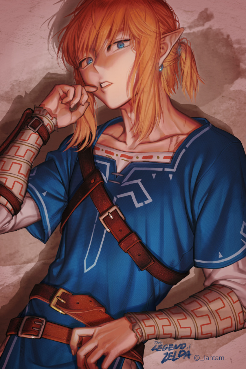 1boy artist_name belt blonde_hair collarbone copyright_name earrings hand_up highres jewelry lantam link long_hair parted_lips pointy_ears sidelocks standing the_legend_of_zelda the_legend_of_zelda:_breath_of_the_wild tunic upper_body