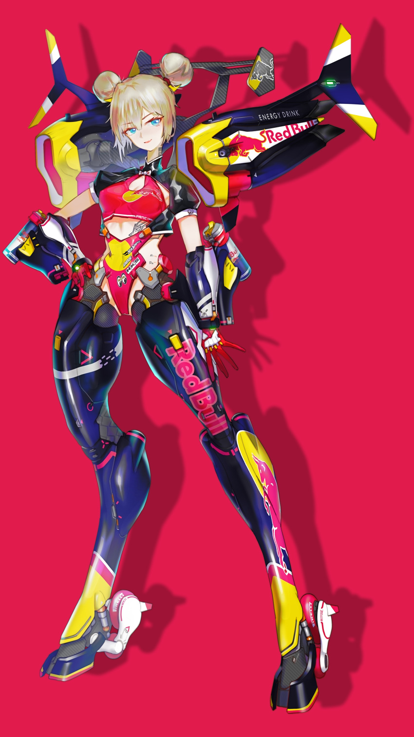 1girl absurdres bangs blonde_hair blue_eyes double_bun fang gloves hand_on_hip highres ke_yukikaze looking_at_viewer mecha_musume mechanical_legs mechanical_wings open_hand open_mouth original red_background red_bull red_gloves science_fiction shadow solo spoiler_(automobile) standing sunglasses wings