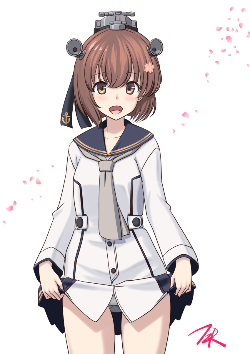 1girl anchor_symbol ass_visible_through_thighs black_sailor_collar brown_eyes brown_hair cherry_blossoms commentary_request dress dress_shirt flower grey_neckwear hair_flower hair_ornament hair_ribbon headgear headset highres kantai_collection looking_at_viewer neckerchief open_mouth panties ribbon sailor_collar sailor_dress shirt short_hair solo speaking_tube_headset t2r underwear white_panties yukikaze_(kancolle)