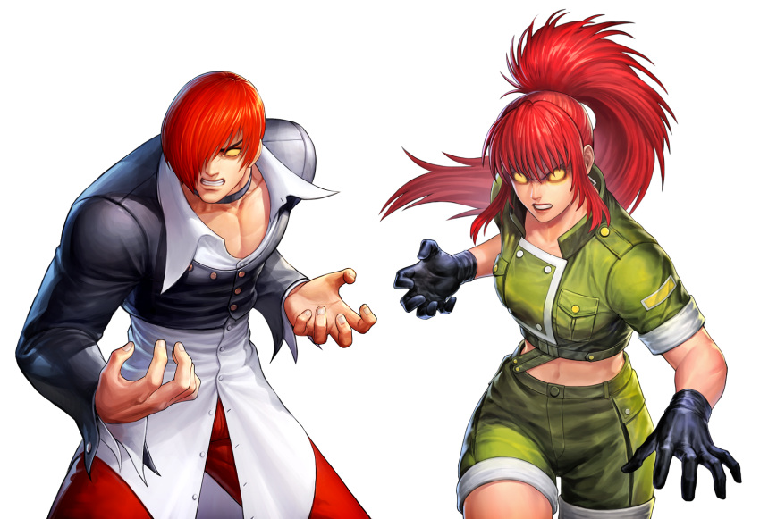 1boy 1girl clenched_teeth collar crazy_eyes dark_persona gloves hair_over_one_eye highres hunched_over leona_heidern long_hair looking_at_viewer male_cleavage military military_uniform official_art orochi_iori orochi_leona pants ponytail possessed red_pants teeth the_king_of_fighters the_king_of_fighters_all-stars uniform yagami_iori