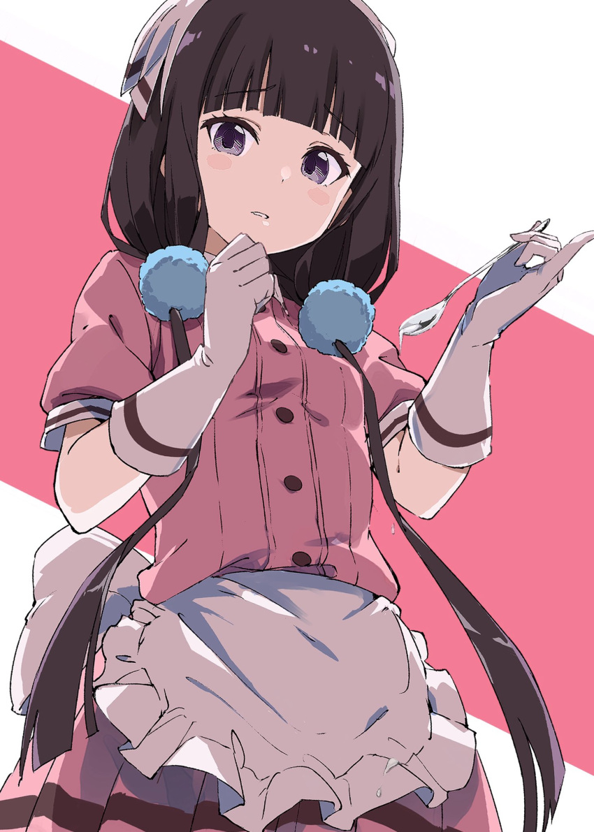 1girl apron bandana blend_s commission cowboy_shot frilled_apron frills gloves head_scarf highres long_hair looking_at_viewer low_twintails pink_shirt pink_skirt rauto sakuranomiya_maika shirt skirt solo spoon stile_uniform twintails two-tone_background violet_eyes waist_apron waitress white_apron white_gloves