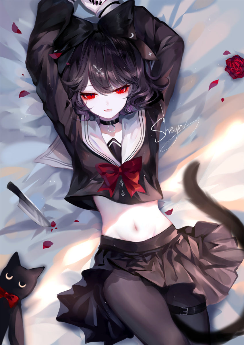 1girl :d arms_up artist_name bangs bed_sheet black_bow black_choker black_legwear black_nails black_skirt bow cat_tail choker crop_top hair_bow highres knife long_sleeves looking_at_viewer lying midriff miniskirt nail_polish navel on_back open_mouth original pantyhose pleated_skirt red_bow red_eyes sailor_collar sheya short_hair signature skirt skirt_set smile solo stomach tail thighs white_sailor_collar