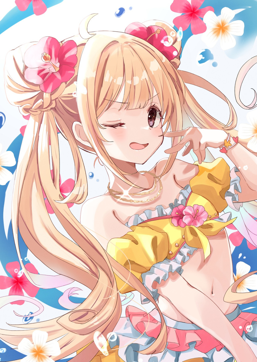 1girl ahoge bangs bikini blonde_hair blunt_bangs bracelet collarbone commentary_request eyebrows_visible_through_hair flower futaba_anzu hair_flower hair_ornament highres idolmaster idolmaster_cinderella_girls idolmaster_cinderella_girls_starlight_stage jewelry long_hair looking_at_viewer navel necklace one_eye_closed open_mouth rino_cnc solo swimsuit twintails very_long_hair violet_eyes
