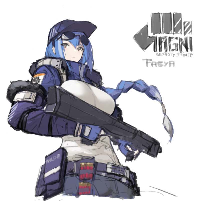 1girl assault_rifle baseball_cap blue_gloves blue_hair braid breasts closed_mouth copyright_request detached_sleeves fingerless_gloves floating_hair gloves grey_eyes gun hat highres holding holding_gun holding_weapon large_breasts long_sleeves pandea_work pouch purple_headwear rifle shirt simple_background single_braid sketch solo sunglasses trigger_discipline weapon white_background white_shirt