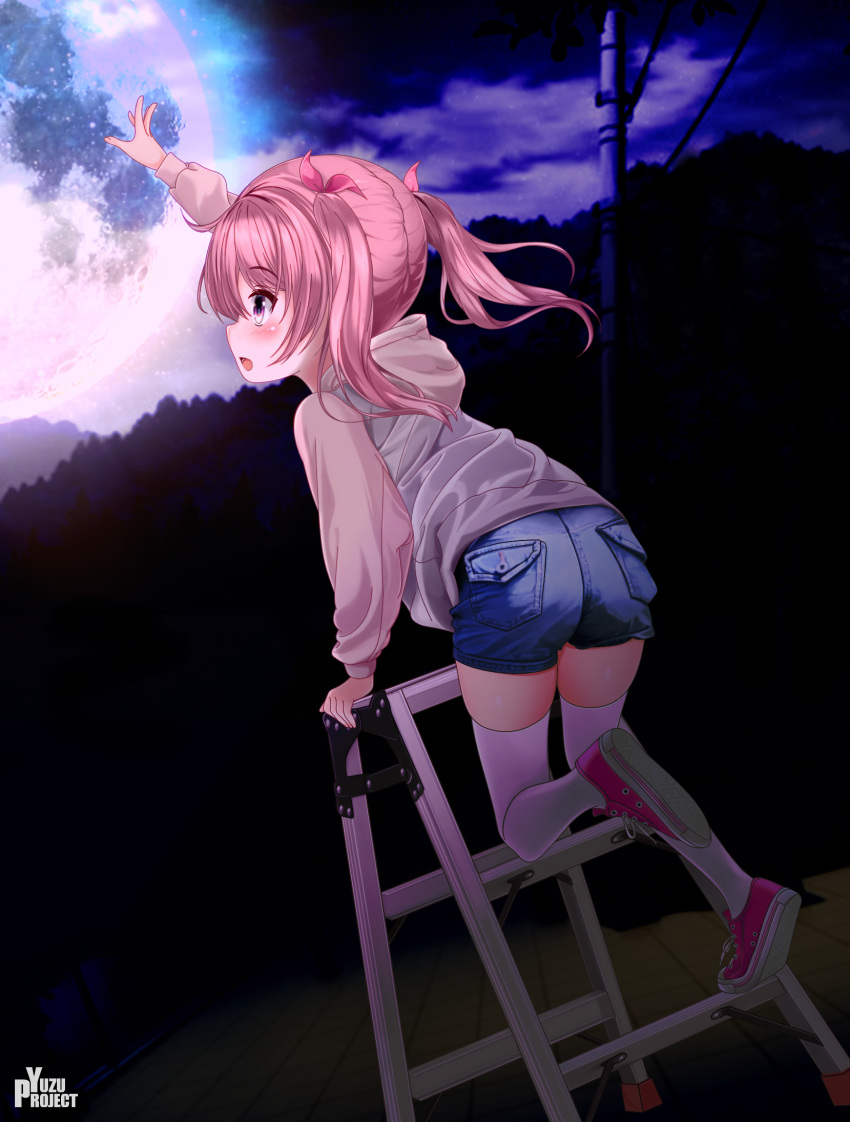 1girl arm_up artist_name ass brown_hair child clouds commentary_request denim denim_shorts full_body full_moon highres hood hoodie huge_filesize ladder legs long_hair moon night night_sky open_mouth original outdoors outstretched_arm pink_eyes pink_hoodie pink_shirt reaching_out red_footwear ribbon shirt shoes short_shorts shorts sky solo thigh-highs thighs twintails watermark white_legwear yuzu_project