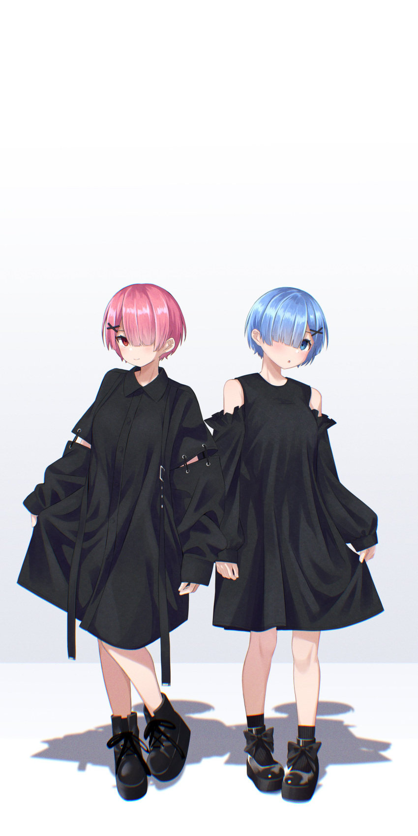 2girls absurdres alternate_costume ankle_boots bangs bare_shoulders black_bow black_coat black_dress black_footwear black_legwear black_sleeves blue_eyes blue_hair blush boots bow breasts casual closed_mouth clothing_request coat collared_dress commentary_request contrapposto detached_sleeves dress earrings eyebrows_visible_through_hair full_body hair_ornament hair_over_one_eye hairclip highres jewelry kiona_(giraffe_kiona) large_breasts long_sleeves looking_at_viewer multiple_girls pink_hair puffy_long_sleeves puffy_sleeves ram_(re:zero) re:zero_kara_hajimeru_isekai_seikatsu red_eyes rem_(re:zero) shiny shiny_hair shoe_bow shoes short_hair siblings sisters sleeves_past_wrists smile socks standing striped striped_legwear twins vertical_stripes white_background x_hair_ornament