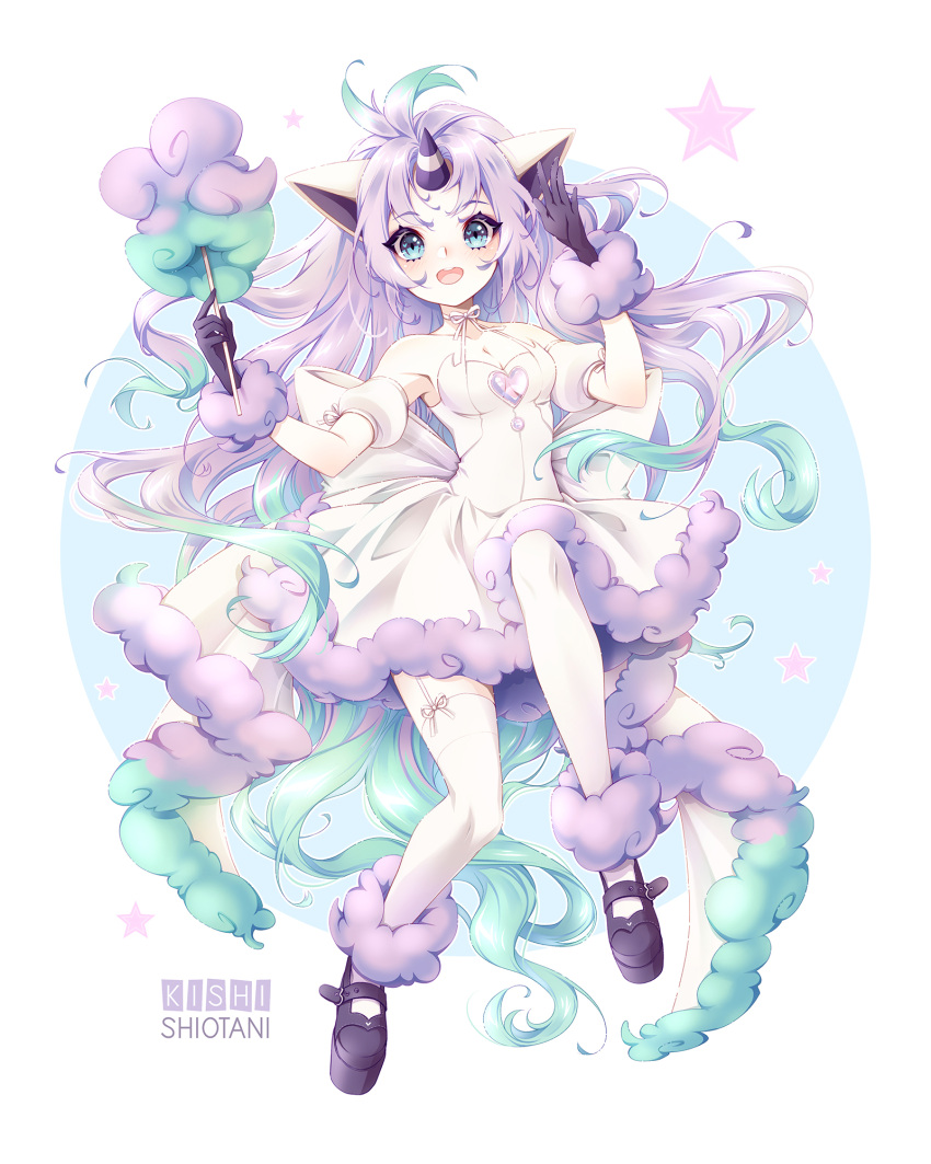 1girl animal_ears artist_name bare_shoulders blue_eyes commentary_request dress eyelashes full_body galarian_form galarian_ponyta gen_8_pokemon gloves highres holding horns kishishiotani looking_at_viewer open_mouth personification pokemon purple_hair shoes single_horn solo star_(symbol) thigh-highs tongue white_legwear