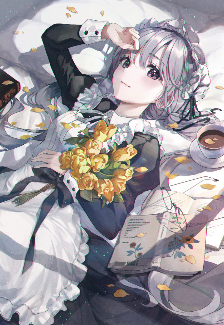 1girl absurdres apron bangs bed_sheet black_dress black_ribbon blush book bouquet breasts coffee coffee_mug cup dress english_text eumi_114 eyebrows_visible_through_hair eyewear_removed flower frilled_apron frills glasses hand_on_own_head hand_on_own_stomach highres holding holding_bouquet huge_filesize light_purple_eyes long_hair long_sleeves looking_at_viewer lying maid maid_apron maid_headdress mug on_back open_book original petals ribbon silver_hair small_breasts solo twintails white_apron yellow_flower