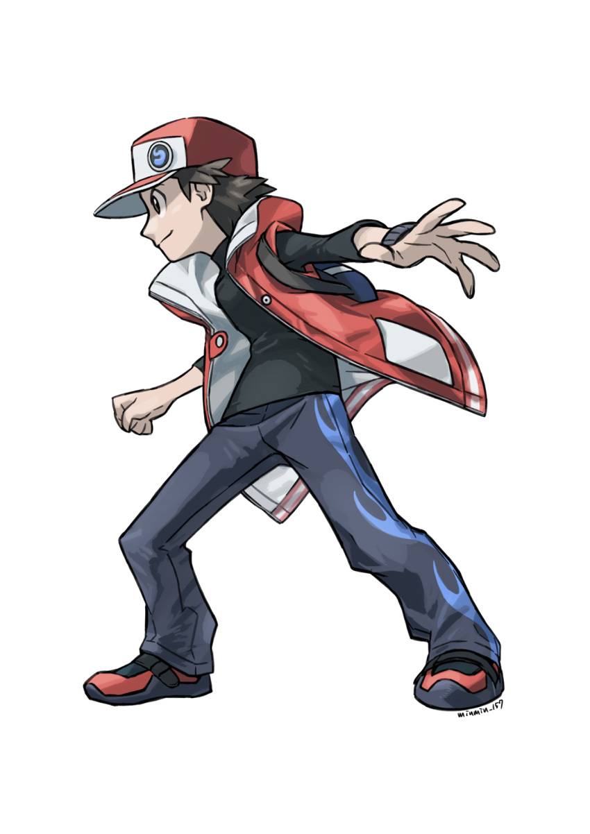 1boy artist_name badge baseball_cap black_shirt brown_hair buttons closed_mouth coat donnpati full_body hat highres legs_apart male_focus outstretched_arms pants pokemon pokemon_(game) pokemon_masters_ex red_(pokemon) red_coat shirt shoes simple_background sleeveless_coat smile solo spread_fingers standing white_background wristband