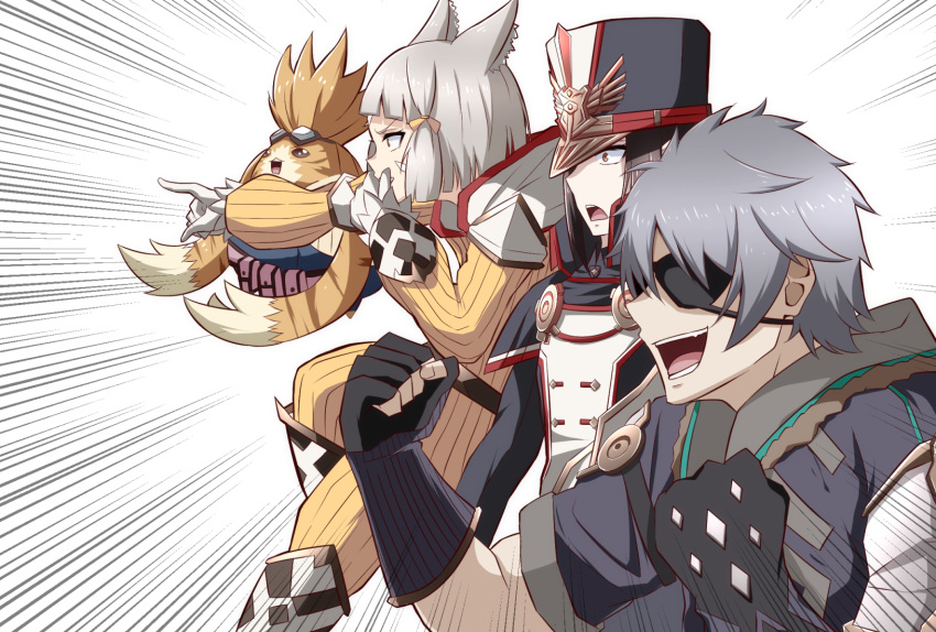 1boy 2girls animal_ears bangs blunt_bangs bodysuit brown_eyes brown_hair cat_ears cheering covering_mouth eyepatch facial_mark fang fingerless_gloves gaijin_4koma gloves grey_hair hand_over_own_mouth hat highres mebi_(mebieru) meme military military_uniform morag_ladair_(xenoblade) multiple_girls nia_(xenoblade) nopon open_mouth pointing short_hair silver_hair simple_background smile surprised tora_(xenoblade_2) uniform white_background white_gloves xenoblade_chronicles_(series) xenoblade_chronicles_2 yellow_bodysuit zeke_von_genbu_(xenoblade)